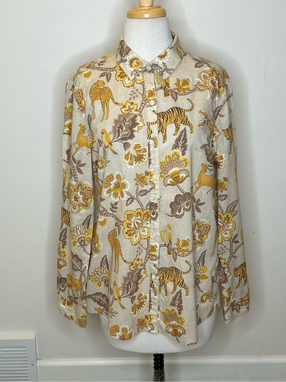 J. McLaughlin Beige Button-Down Shirt with Mustard & Brown Floral Animal Print L